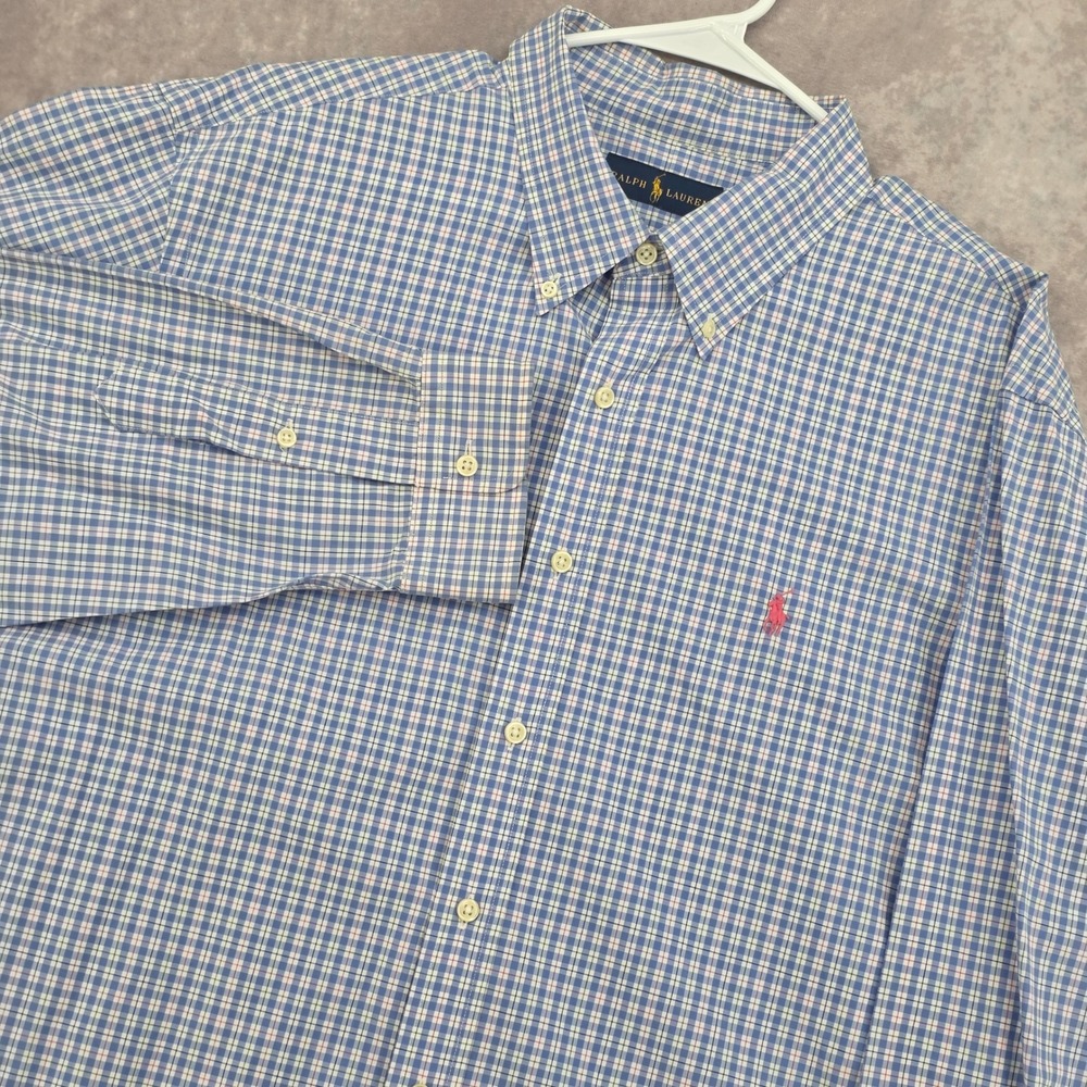 Ralph Lauren Button Down Shirt Mens XXL Blue Plaid Long Sleeve Pink Pony Logo